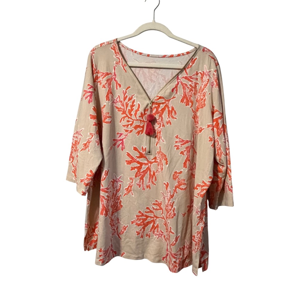 Lilly Pulitzer Skipper Popover Coral Reef Tassel Half Zip Top Tan Pink XL